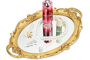 HMIEPRS Taca z lustrem w stylu vintage, dekoracyjna złota taca na kosmetyki, taca do organizowania biżuterii, owalna taca na perfumy, taca serwisowa do garderoby, sypialni