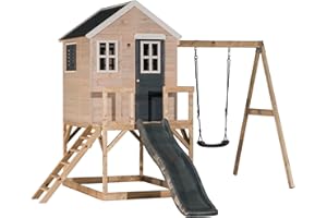 Wendi Toys M24G Cabane sur pilotis avec Toboggan et balançoire, Maison de Jeu en Bois FSC pour Enfants, 330×350×242 cm, Plateforme 90 cm, avec échelle, bac à Sable & Toit étanche, Outdoor, Grise