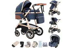 Zkiprm 3 in 1 Pushchair Travel System, Pram with Adjustable Armrest, Baby Stroller with High Aluminium Frame Landscape and Shock Absorbing Spring Travel System Buggy for Newborns Toddles 0-4 Years