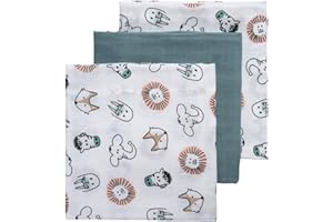 Meyco 452019 Kit de 3 couches en gaze/mousseline 70x70cm ANIMAL-UNI Stone Green-Blanc