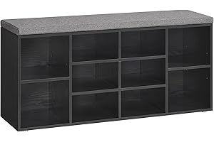 ‎VASAGLE VASAGLE Ławka na buty, stojak na buty z siedziskiem, ławka z miejscem do przechowywania, dobrze wyściełana, ławka do przedpokoju z 10 przegródkami, 30 x 104 x 48 cm, heban czarny LHS010B07