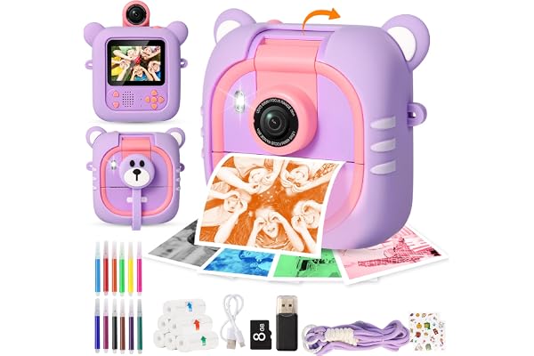 ARNSSIEN Appareil Photo Enfant Instantané 2,4" Appareil Photo Flip 180° | 1080P Impression instantanée, 7 Rouleaux (R/Or/B/V+3 N&B), Selfie, facile à utiliser, Cadeau Noël et Anniversaire 3-12 ans,M2