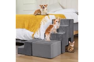 A.FATI Hundetreppe für Bett 60cm Hoch, 5 Stufen Hunderampe für Boxspringbett, rutschfeste Haustiertreppe 60cm Hoch für kleine/verletzte Hunde, Katzen, Katzentreppe für alte Katzen, Farbe in Grau