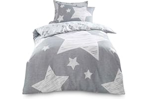 VELVETIO Easy Care Single Kids Duvet Cover Set with Pillowcase, Boys & Girls Printed Stars Bedding Bedset, Soft Polycotton Reversible Comforter Quilt, Grey
