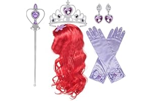 ANROI Perruque de sirène rouge pour Halloween et cosplay - Accessoires de fête de princesse avec diadème, baguette magique, gants et boucles d'oreilles