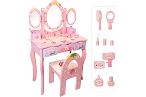 ‎CCLIFE CCLIFE 60x30x97cm schminktisch Kinder, Holz für mädchen mit Spiegel Hocker Make-up Tisch Set Holzschublade, Pink&Weiß Frisiertisch Kosmetiktisch