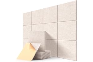 KUCHOOW Samoprzylepne panele akustyczne, 12 sztuk Ściana dźwiękochłonna o wysokiej gęstości do dekoracji ścian i leczenia akustycznego, Pianka akustyczna z fazowaną krawędzią (30x30x0,9cm)