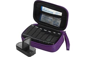 YELOUMISS Pill Box 7 Day 2 Times a Day Weekly Pill Organiser with Portable Zipper PU Leather Bag BPA Free AM PM Travel Pill Dispenser for Medication Capsule Vitamins Fish Oils (Purple)