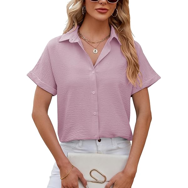 Niwicee Damesblouse met korte mouwen, elegante V-hals hemdblouse met button- down en borstzak, licht mousseline bovendeel als tuniek of zomertop, groen, XXL