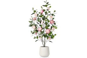Fopamtri Albero di Camelia Artificiale da 120 cm Piante Finte da Interno con 30 fiori, Camelia Artificiale con in Vaso Bianco, Realistici per Interni Decorazione (Rosa)