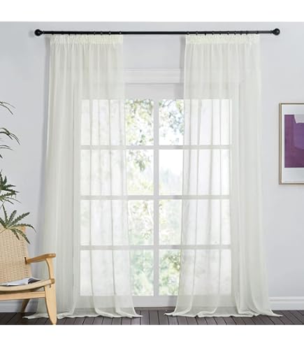 Deconovo Witte binnengordijnen, 2 panelen, semi-transparant, voile gordijnen met tape voor slaapkamer, woonkamer, elegant, linnenlook, 140 x 215 cm