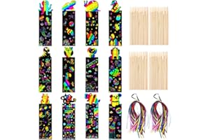 KONXI 48 Stück Kratzbild Lesezeichen,Kinder Lesezeichen Kratzen mit 48 Stück Holzstiften und 48 Stück Bändern DIY Geschenkanhänger für Kinder Studenten Party Bastelbedarf