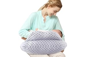 SHANNA Nursing Pillow Bottle Feeding Breastfeeding Pillow, Multifunctional Nursing Pillow with 100% Cotton Romvable Washable Cover Adjustable Waist Strap Support, Gifts for Pregnancy(Grey-White Stars)