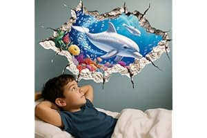 AMICERA 3D Under The Sea Wall Stickers, Dolphin Wall Decals, Removable Self Adhesive Wallpaper, for Kids Boys Baby Nursery Bedroom Bathroom Mall, Wall Door Glass Decoration, 3D Broken Ocean World Theme
