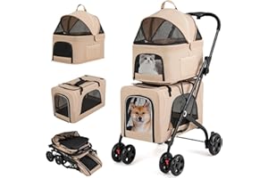 GOPLUS Carrito para Perros Plegable de 2 Niveles, Cochecito para Mascotas 3 en 1 con 2 Compartimentos Desmontables, Carro de Viaje para Gatos, Ruedas con Freno, Cojin Desmontable, 67×98×88cm (Beige)