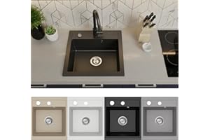 Faizee Home | Spülbecken Granit Schwarz 49x52 cm | Hochwertige Küchenspüle & Einbauspüle | Eckiges Spülbecken | Beidseitig montierbare Granitspüle | Einbaugranitspüle ab 45 cm | Inkl. Siphon-Set