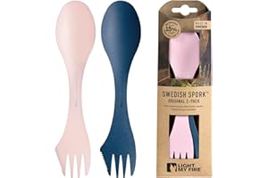 LIGHT MY FIRE Swedish Spork Original - Fourchette Cuillère de Camping - Couvert de Camping 3-en-1 - Couteau et Fourchette-Cuillère réutilisables - Couvert Multi Fonction sans BPA (2pack HazyBlue/DustyPink)