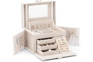 Vlando Cofanetto Portagioie, Scatole Portagioie in Pelle con 4 Strati, Organizer Gioielli con Specchio e Serratura per Anelli Collane Orecchini (Blanco)…