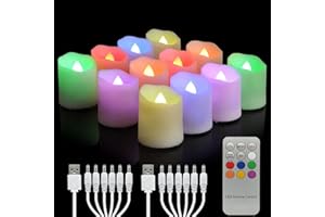 yunsheng 12 sztuk podgrzewaczy LED RGB do ponownego ładowania z pilotem zdalnego sterowania, timer, ładowane, bezpłomieniowe, migoczące świece, ciepłe białe światło, Halloween, Boże Narodzenie,