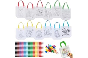 Sunhaty 12 Stück Kinder Stoffbeutel Set und 12 Stück Stapelbare Buntstifte (12 Farben in 1) DIY Graffiti Taschen Non-Woven Tasche Zum Bemalen für Kindergeburtstag Geburtstagsfeier