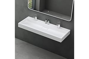 Mai & Mai Lavabo sobre Encimera Lavabo Suspendido Baño | Rectangular | Blanco Mate | Mármol Fundido | 120x46x11cm | 2 Orificios para Grifo con Válvula de Desagüe | Colossum19