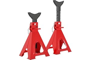 HOMCOM Lot de 2 chandelles Voiture, chandelles de Levage capacité 6 tonnes, Hauteur réglable de 375 à 592 mm, Grande Base avec goupille de sécurité, pour véhicule, Caravane, Atelier, Garage, Rouge