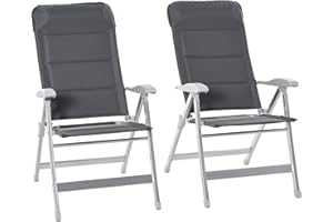 Outsunny Garden Chairs Set Of 2, Padded Folding Deck Chair Portable Garden Seats with Adjustable Back and Aluminium Frame, for Camping Pool Grey