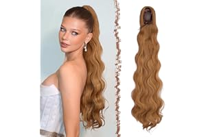 FESHFEN 75 cm Coda Cavallo Extension con Coulisse, Lunga Ricci Ondulati Coda Capelli Extension Sintetici Pettini Clip in Capelli Posticci, Coda di Cavallo Naturale per Donna - Biondo Fragola