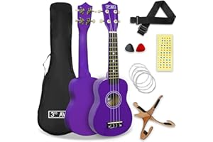 3rd Avenue Pack de ukulele soprano para principiantes de 21 pulgadas para principiantes – Con funda, soporte, correa, cuerdas, púas y marcadores adhesivos para el diapasón – Púrpura