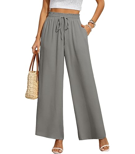 Générique Pantalon Femme Été Fluide Taille Haute Large Décontracté Large en Élastiquée Cordon de Serrage Léger Pants de Travail Baggy Pantacourt Blanc S