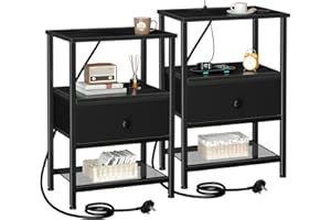 AMHANCIBLE Bedside Table Set of 2 with Charging Station, Nightstand with Fabric Drawer, Small Side Table with Open Storage Shelf, Bedside Cabinets for Living Room, Bedroom, Small Space Black HETS010BK
