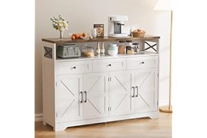 BonVache Sideboard, Küchenschrank mit Schubladen, Aufbewahrungsschrank, Anrichte mit Offenem Regal, Kaffeebar Schrank für Küche, Esszimmer, Wohnzimmer, 130 x 35 x 95cm, Cremeweiß in Holzoptik