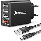 JOOMFEEN Caricatore USB Con Cavo USB Type C da Muro, Quick Charger 3.0 30W/6A Carica Rapida 4 Porte Multiplo da Parete per Sa