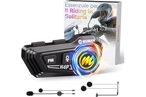 Moman Auricolare Casco Moto-1000mAh Batteria, RS-H4P Cuffie Casco Moto Doppia Riduzione del Rumore con Hi-Fi Microfono Morbida/Dura FM/RGB/IPX6/Controllo Musica/Vocale AI Auricolari Moto Per Singola