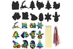 FINDIR 60PCS Papier à Gratter de Noël Gratter Carte Ornements Kits Dessin Gratter Carte à Gratter Scratch Art avec 10 bâtons de bois et 60 rubans pour Dessins, Décorations de Fêtes de Noël