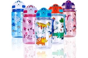 SUPPRUI Kids Water Bottles with Straw & Handle,600ml Toddler Drinks Bottle for School,Leakproof Children's Bottle BPA free Sport Bottles for Girls Boys (Blue - Dinosaur)