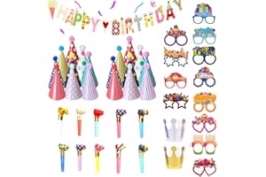 GUEGINE 43 Pcs Party Hats Set,Party Hats for Kids,Paper Birthday Glasses with Paper Crowns(Gold/Silver),Birthday Cone Partys Hat Pom Poms,Partys Blowers,Happy Birthdays Banner for Kids,Adults Decoration