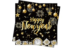 AFYHH Servietten Silvester Deko Happy New Year Servietten Silvester Tischdeko Neujahr Papierservietten für 2025 Neujahr 33x33cm Schwarz Gold Servietten für Neujahr Party Dekoration Servietts (80Stück)