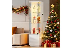 Gurexl 65" Tall Display Cabinets with Lockable Glass Doors,Glass Bookcase Bookshelf with Lights and 3 Tier, Modern High Gloss Cupboard with Human Sensor for Living Room Bedroom,Collection,White