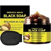 Morocco Black Soap with Exfoliating Glove, Moroccan Black Soap with Argan and Rose, Body Scrub of Morocco, Nourishes and Hydr
