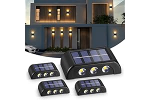 ONEVER Lot de 4 appliques murales solaires d'extérieur - Lampes de sécurité solaires - 6 LED - Lampes de clôture solaires étanches pour l'extérieur, cour, porte, clôture, chemin (blanc chaud)