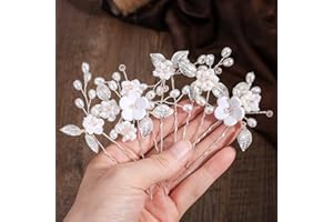 QIUJUNDE 5 pezzi avorio bianco perle fiori accessori per capelli matrimonio corti donna ragazze, argento grigio secco fiore strass spille gioielli da sposa capelli clip pettine per la sposa damigella d'onore