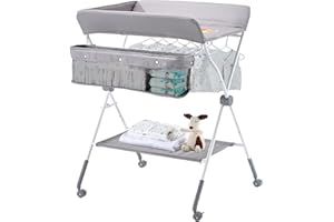 VEVOR Baby Changing Table, Foldable Diaper Change Station with Side Basket, Adjustable Height Portable Changing Table with Lockable Wheels, Multi-Functional Storage Organizer Nursery, Light Gray