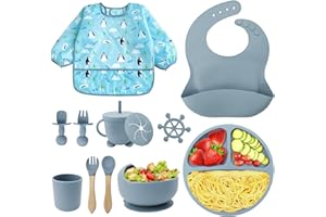 NATNAV Set Pappa Svezzamento, 12 pezzi Set Pappas Bimbo, Setpappa Svezzamento per Bambini Silicone,Senza BPA, Sets Pappa Antiscivolo con Ventosa Piatto Ciotola Tazza Bavaglino(Azul)