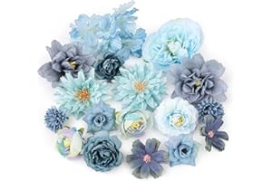 MWOOT 17 Pezzi Teste di Fiori Artificiali, Fiori Finti per Decorazioni, Capolini Finti Misti, Rose Peonia Ninfea Finte per Fai da te Corona Torta Bouquet Da Sposa Matrimonio Festa Casa Giardino(Blu)