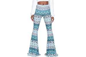 Nuofengkudu Pantaloni A Zampa Donna Elasticizzati Vita Alta Lunga Fiori Stampa Gamba Larga Leggings Snellenti Pantalone Flare Palazzo Pants Eleganti Moda Festa Streetwear