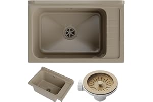 Granitan Lavabo universel pour garage, cave, atelier et buanderie, avec siphon, lavabo mural pour installation intérieure et extérieure, 58 x 38 x 26,7 cm, beige