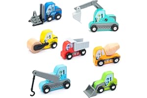 UMU® Set da gioco per veicoli da costruzione in legno, compatibile con set ferroviario Brio World e altre marche, giocattolo contiene escavatore, gru, rullo e altro, set da 8 pezzi per bambini dai 3,