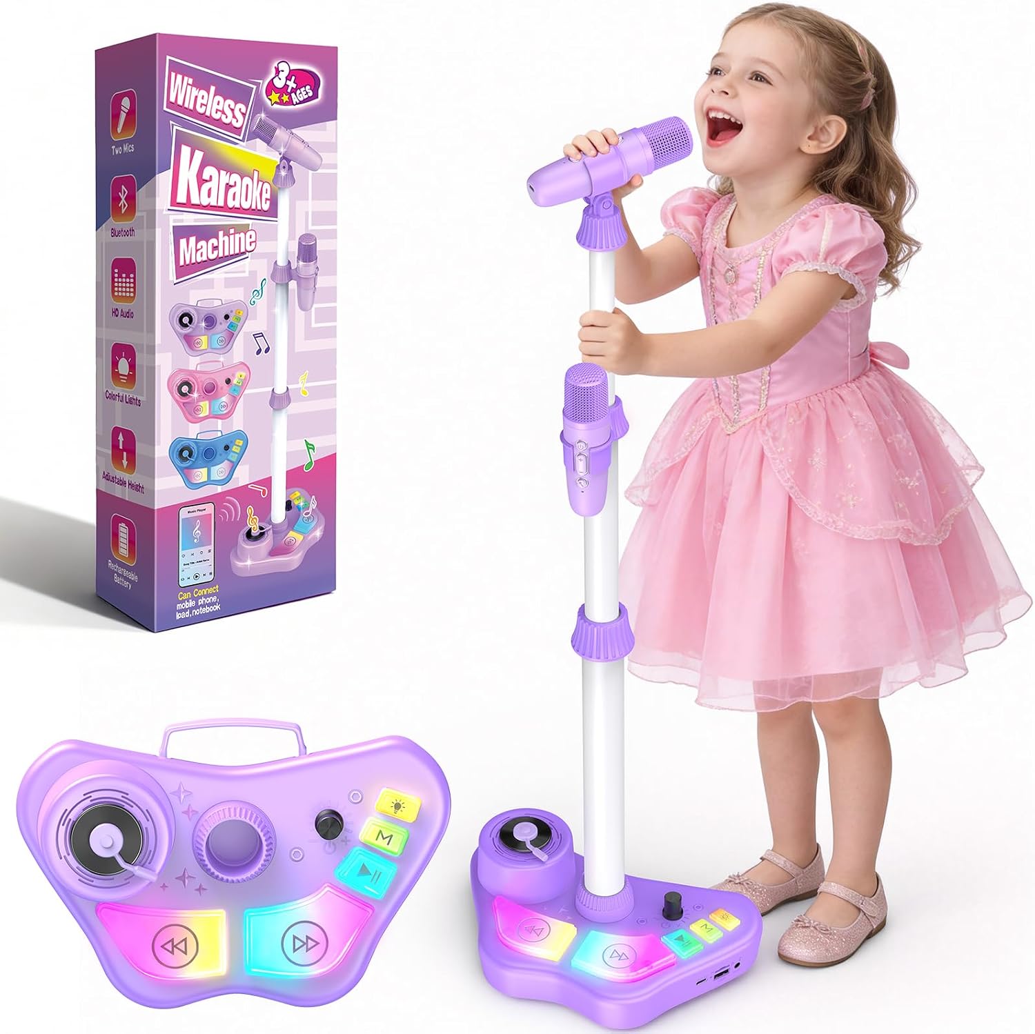 Dislocati Micrófono para Niños con Altavoz, Juguete Regalo para Niñas de 3 Años en Adelante, Soporte Ajustable 47-108 cm, Inalámbrico con Bluetooth, Luces LED, Morado