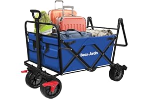 BEAU JARDIN Camping Festival Trolley Folding Wagon Cart with Brake Beach Trolley on Wheels Collapsible 220KG 150L Capacity All Terrain Utility Wagon Load Sturdy Portable Garden Outdoor Picnic Blue